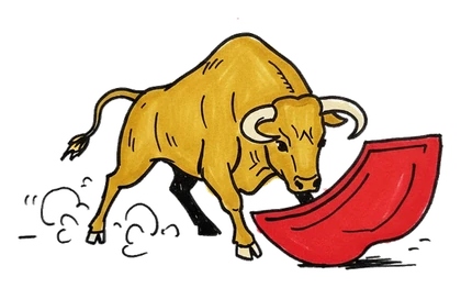 A hand-drawn bull charging a red cape